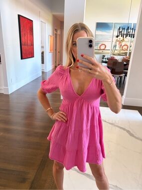 aerie Bright Pink V-Neck Tiered Dress